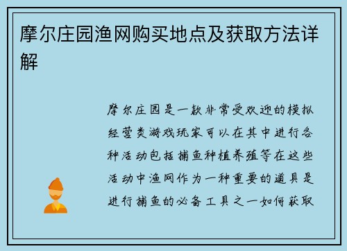 摩尔庄园渔网购买地点及获取方法详解